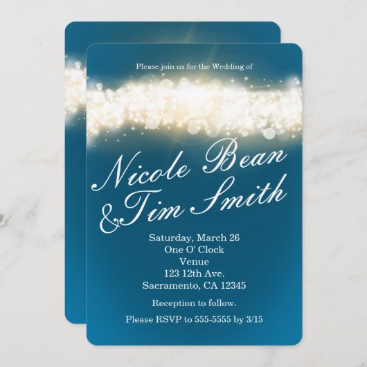 Blue Sparkle Lights Sky Blast Wedding Invitations Kaart (Voorkant / Achterkant)
