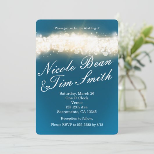 Blue Sparkle Lights Sky Blast Wedding Invitations Kaart (Staand voorkant)