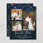 Blue Sparkle Lights Wedding Photo Save the Date (Voorkant / Achterkant)
