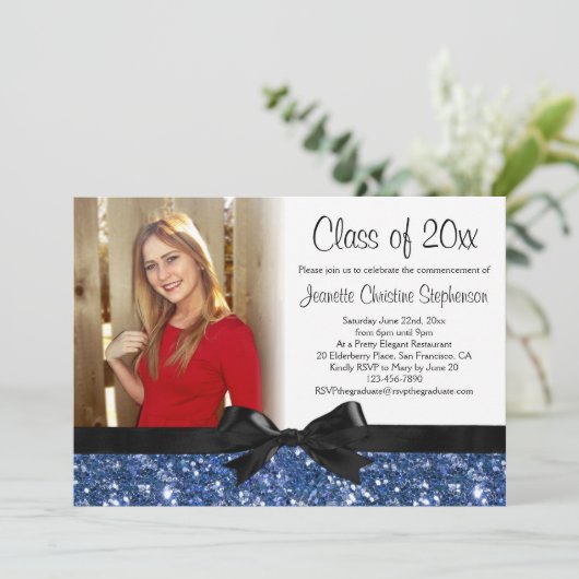 Blue Sparkle-look Ribbon Bow Photo Afstuderen Kaart (Staand voorkant)