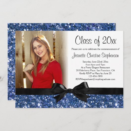 Blue Sparkle-look Ribbon Bow Photo Afstuderen Kaart (Voorkant / Achterkant)
