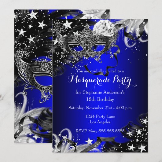 Blue Sparkle Magical Night Masquerade Party Invite Kaart (Voorkant / Achterkant)