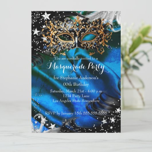 Blue Sparkle Magical Night Masquerade Party Kaart (Staand voorkant)