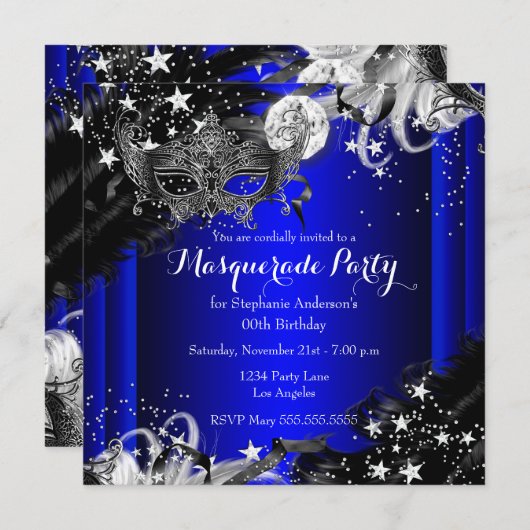 Blue Sparkle Magical Night Masquerade Party Kaart (Voorkant / Achterkant)