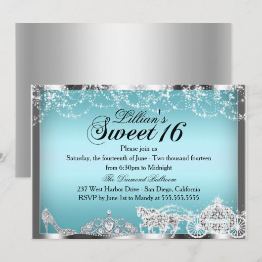 Blue Sparkle Princess Theme Sweet 16 Invite Kaart (Voorkant / Achterkant)