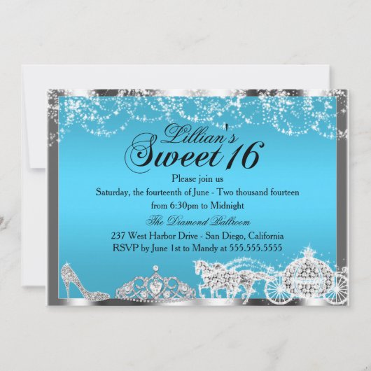 Blue Sparkle Princess Theme Sweet 16 Invite Kaart (Voorkant)