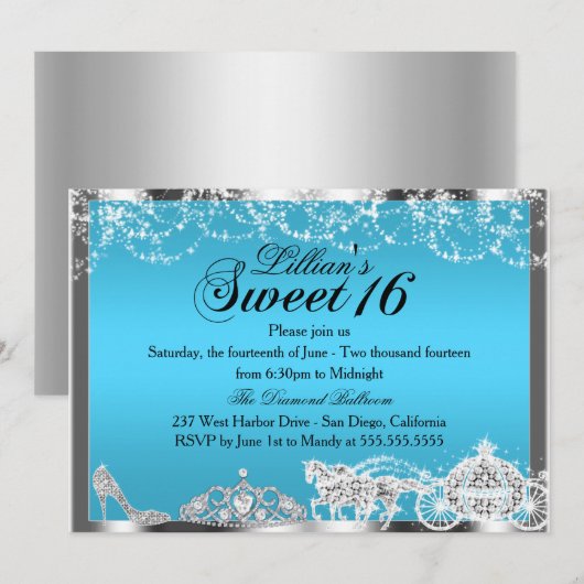 Blue Sparkle Princess Theme Sweet 16 Invite Kaart (Voorkant / Achterkant)