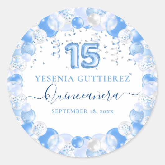 Blue Sparkle Quinceañera-ballon Ronde Sticker (Voorkant)
