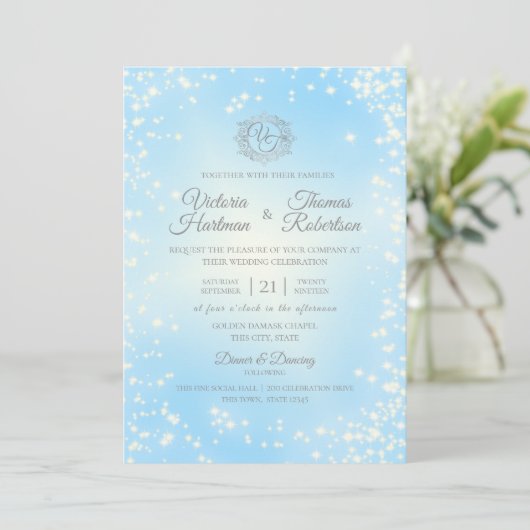 Blue Sparkle Sky Wedding Kaart (Staand voorkant)