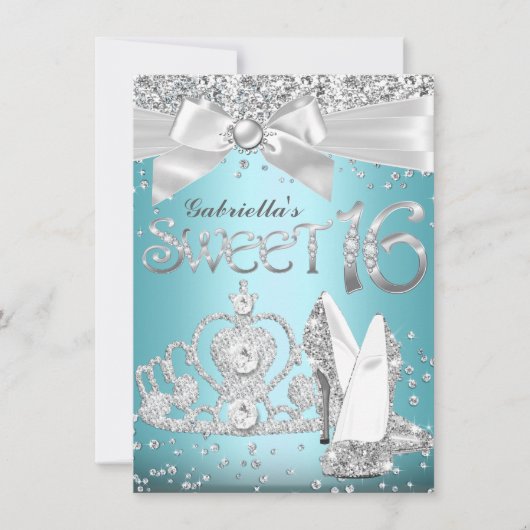 Blue Sparkle Tiara & Heels Sweet 16 Invite Kaart (Voorkant)