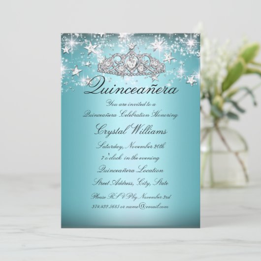 Blue Sparkle Tiara Stars Quinceanera Invite Kaart (Staand voorkant)