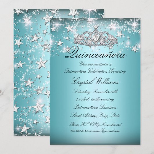 Blue Sparkle Tiara Stars Quinceanera Invite Kaart (Voorkant / Achterkant)