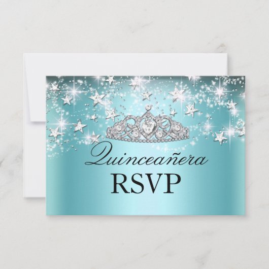 Blue Sparkle Tiara & Stars Quinceanera RSVP (Voorkant)