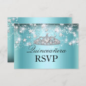 Blue Sparkle Tiara & Stars Quinceanera RSVP (Voorkant / Achterkant)