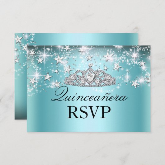 Blue Sparkle Tiara & Stars Quinceanera RSVP (Voorkant / Achterkant)