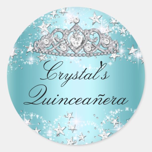 Blue Sparkle Tiara & Stars Quinceanera Sticker (Voorkant)