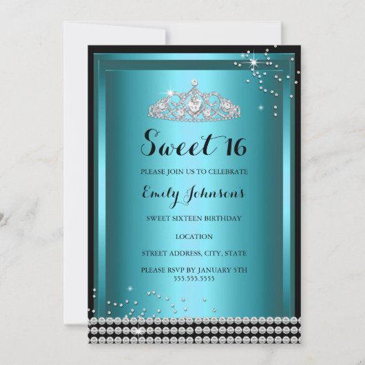 Blue Sparkle Tiara Sweet 16 Birthday Invitation Kaart (Voorkant)