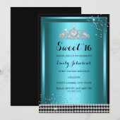Blue Sparkle Tiara Sweet 16 Birthday Invitation Kaart (Voorkant / Achterkant)