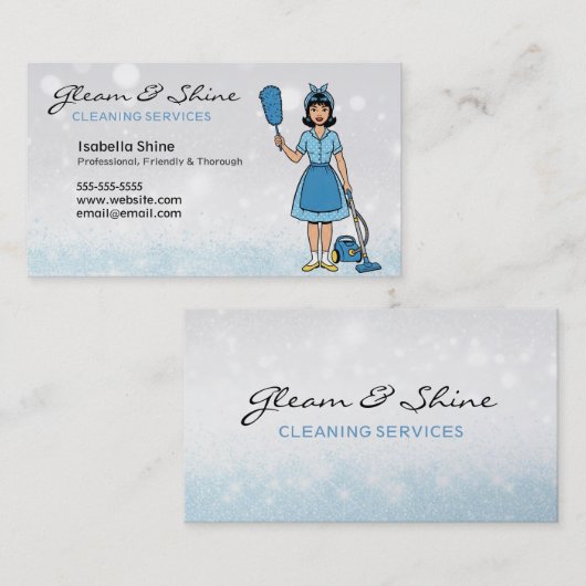 Blue Sparkles Retro Cleaner Schoonmaak Vrouw Servi Visitekaartje (Voorkant / Achterkant)