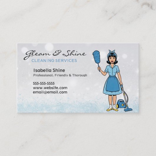 Blue Sparkles Retro Cleaner Schoonmaak Vrouw Servi Visitekaartje (Voorkant)