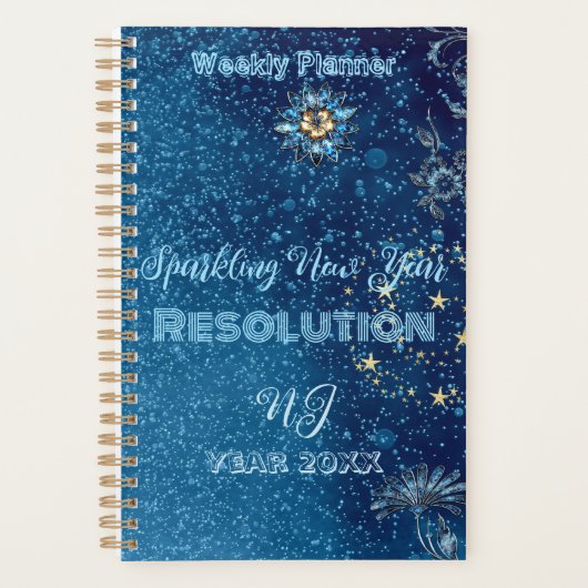 Blue Sparkling Glitter Stars Nieuwjaarsresolutie Planner (Voorkant)