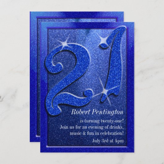 Blue Sparkly 21st Birthday Party-uitnodigingen Kaart (Voorkant / Achterkant)