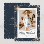 Blue Sparkly Snowflake Foto Vrolijke Kerst Kaart (Voorkant / Achterkant)