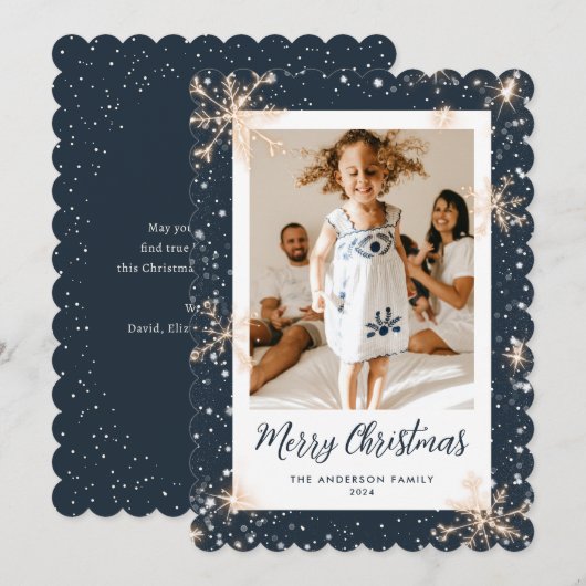 Blue Sparkly Snowflake Foto Vrolijke Kerst Kaart (Voorkant / Achterkant)