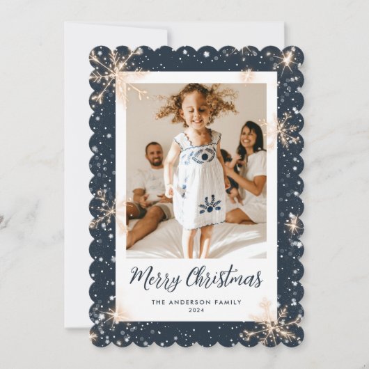 Blue Sparkly Snowflake Foto Vrolijke Kerst Kaart (Voorkant)