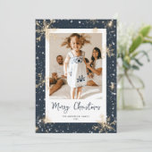 Blue Sparkly Snowflake-fotokerstkaarten Feestdagenkaart (Staand voorkant)