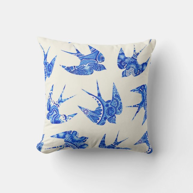 Blue Sparrow Swallow Waterverf Bird Pattern Kussen (Voorkant)