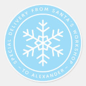 Blue Special Delivery from Santa to Name Snowflake Ronde Sticker (Voorkant)