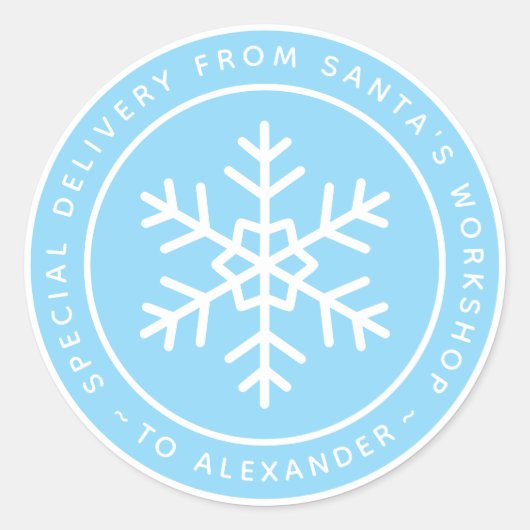 Blue Special Delivery from Santa to Name Snowflake Ronde Sticker (Voorkant)