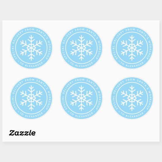 Blue Special Delivery from Santa to Name Snowflake Ronde Sticker (Vel)