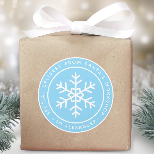 Blue Special Delivery from Santa to Name Snowflake Ronde Sticker