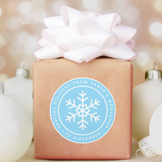 Blue Special Delivery from Santa to Name Snowflake Ronde Sticker