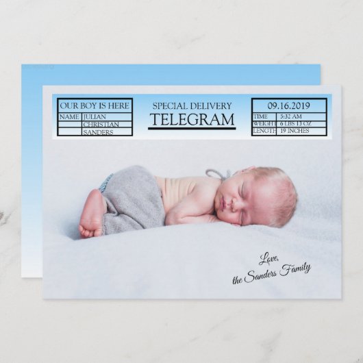 Blue Special Telegram Birth Notice for Boy Kaart (Voorkant / Achterkant)
