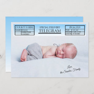 Blue Special Telegram Birth Notice for Boy Kaart