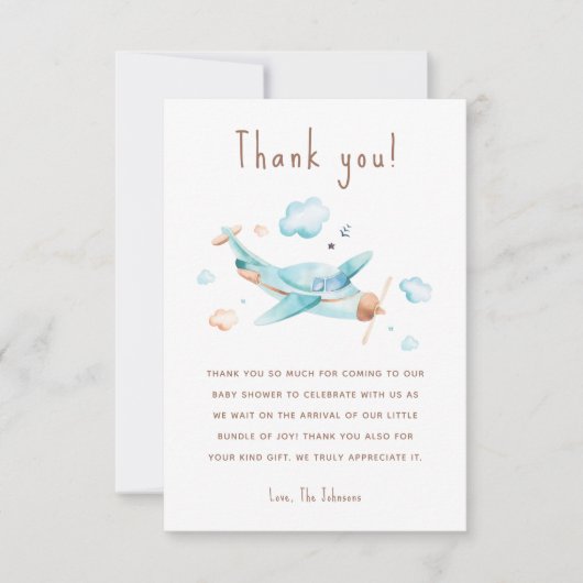 Blue Speelgoed Airplane Boy Baby shower Bedankkaart (Voorkant)