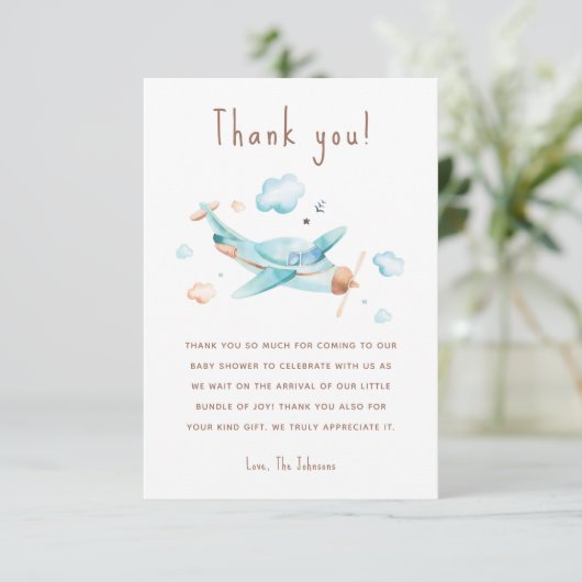 Blue Speelgoed Airplane Boy Baby shower Bedankkaart (Staand voorkant)