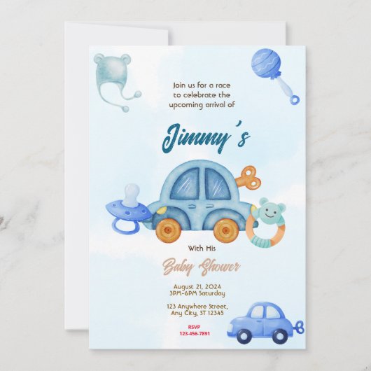 Blue Speelgoed Car Baby shower Kaart (Voorkant)