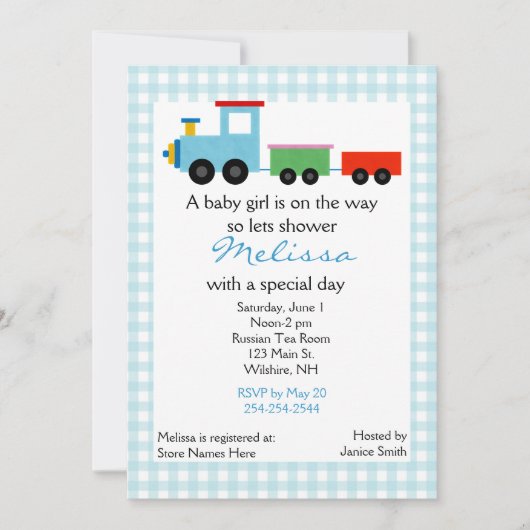 Blue Speelgoed Train Baby shower Invitation Kaart (Voorkant)