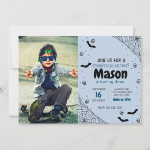 Blue Spider Halloween Birthday Invite met foto Kaart