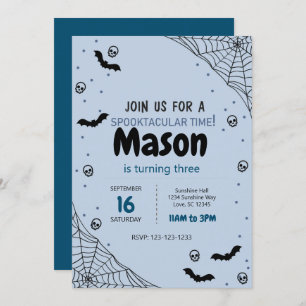 Blue Spider Web Halloween Birthday Invite Kaart