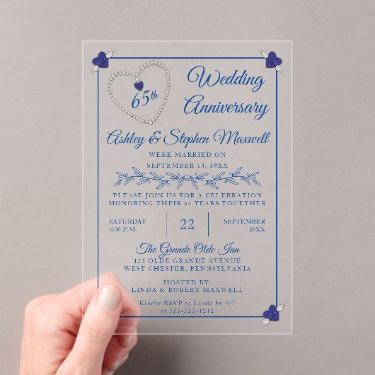 Blue Spinel Diamond 65th Wedding Jubileum Party Acryl Uitnodigingen (Insitu (Draagbaar))