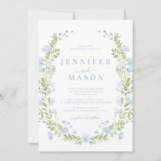 Blue sping flowers greenery wreath wedding kaart (Voorkant)