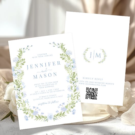 Blue sping flowers greenery wreath wedding kaart