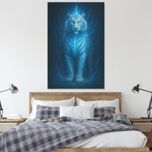 Blue Spirit Lightning White Tiger – Ethereal Storm Canvas Afdruk (Insitu (Slaapkamer))