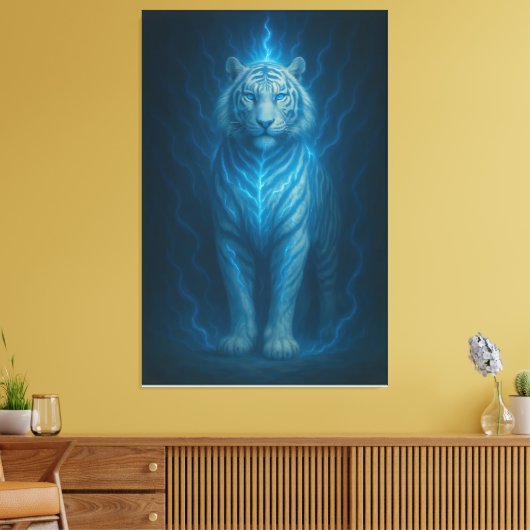 Blue Spirit Lightning White Tiger – Ethereal Storm Canvas Afdruk (Insitu (Woonkamer))