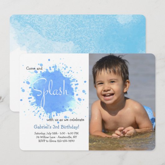 Blue Splash Photo Invitation Kaart (Voorkant / Achterkant)
